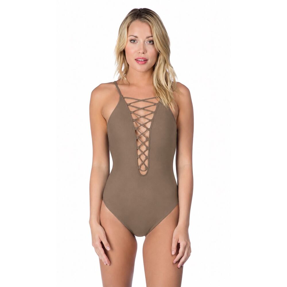 La Blanca NWT Lace-Up One-Piece Swimsuit Taupe Size 8 MSRP $119